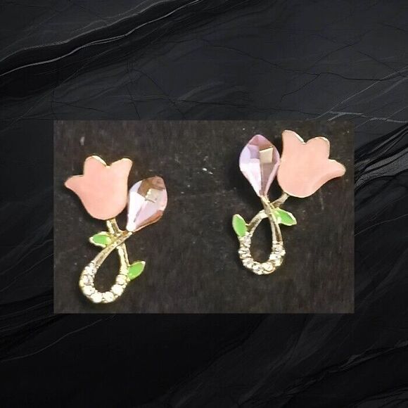 Pink Enamel Tulip Flower Stud Earrings Rhinestones Women - Picture 5 of 8